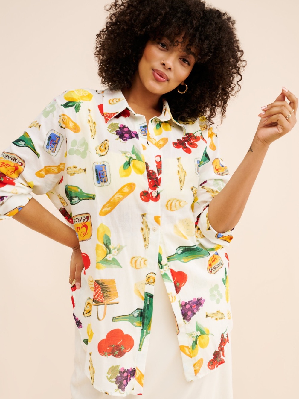 Lisa Says Gah White Button-Down Shirt with Multicolor Food Print - Picture 1 of 3